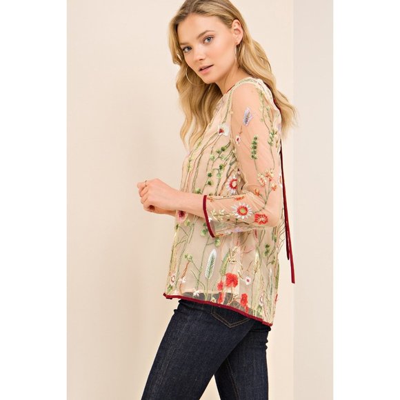Entro Floral  Embroidered Top, Sand - Picture 3 of 5